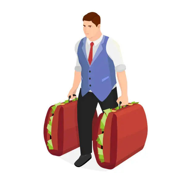Vector illustration of Successful businessman with two suitcases of money.