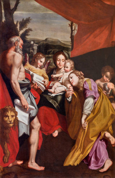 Parma - The painting of Madonna with the Child St. Jerome and St. Mary Magdalen in church Chiesa di San Vitale as copy of Correggio (1528). Parma - The painting of Madonna with the Child St. Jerome and St. Mary Magdalen in church Chiesa di San Vitale as copy of Correggio (1528). 1528 stock pictures, royalty-free photos & images