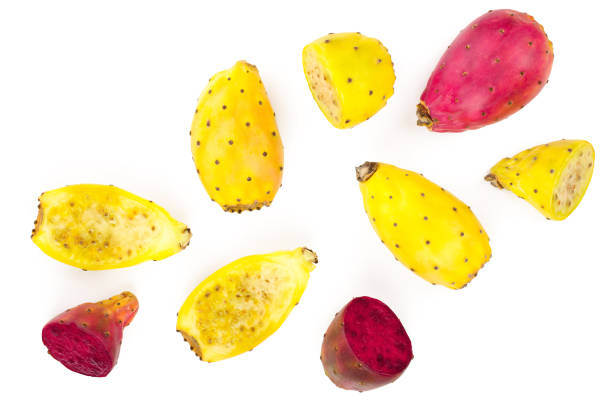 istock red end yellow prickly pear or opuntia isolated on a white background. Top view. Flat lay 1080788344