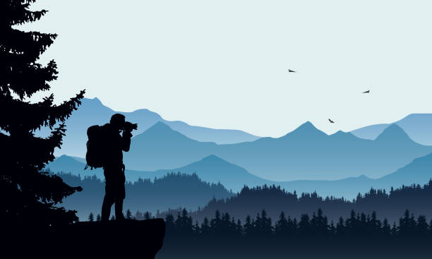 realistische darstellung einer berglandschaft mit nadelwald und fotografen tourist mit rucksack, unter blauem himmel mit drei fliegende vögel - vektor - silhouette landscape cliff mountain stock-grafiken, -clipart, -cartoons und -symbole