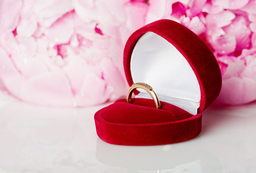 red velvet ring box and peony