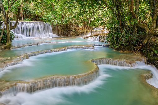 The Kuang Si Falls, sometimes spelled Kuang Xi or known as Tat Kuang Si Waterfalls, is a three levelled waterfall about 29 kilometres south of Luang Prabang.
Breathtaking cascades of water make the Kuang Si one of Luang Prabang