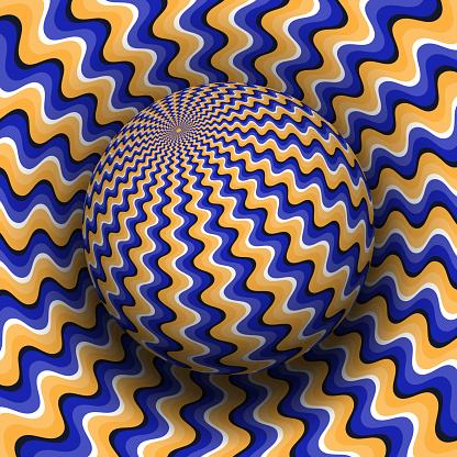 Optical illusion vector illustration. Blue orange wavy patterned sphere soaring above the same surface.