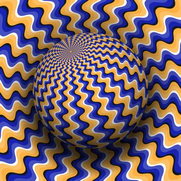 Vector illustration of Optical illusion vector illustration. Blue orange wavy patterned sphere soaring above the same surface.
