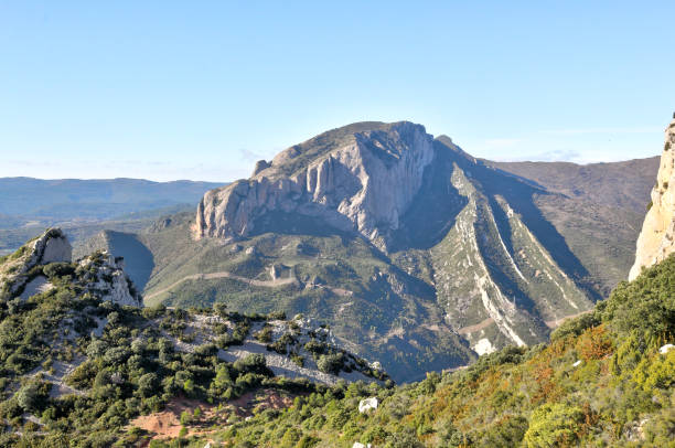 pasmo górskie peña rueba otoczone zieloną jodłą i lasem sosnowym podczas słonecznego zimowego dnia w mallos de riglos, region aragonii, hiszpania - sunny day mountain mountain range winter zdjęcia i obrazy z banku zdjęć