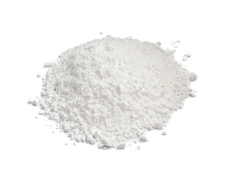 White Powder of Gypsum, Clay or Diatomite Isolated on White Background. Macro Photo of Powdered Chemicals as Calcium, Gypsum or Plaster Close Up
