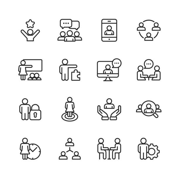 ilustraciones, imágenes clip art, dibujos animados e iconos de stock de gente de negocios línea de iconos. movimiento editable. pixel perfect. para web y móvil. - group of objects business human resources laptop