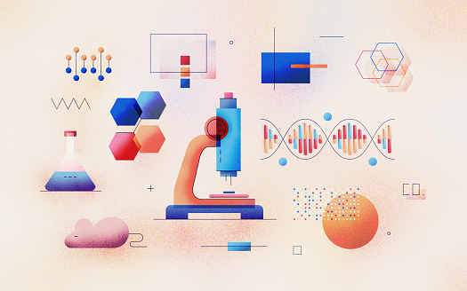 Genomic analysis of DNA sequence in laboratory. Bioinformatics research for biological information. Data science technology development. Modern flat design illustration concept on textured background.