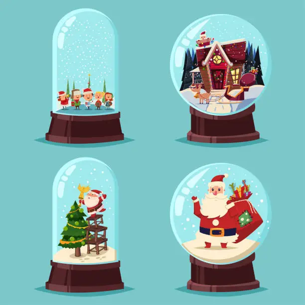 Vector illustration of Christmas snow globe vector cartoon set. Glass ball with Santa Claus, tree, children and house isolated on background.
