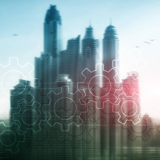 istock Double exposure gears mechanism on blurred background. Business and industrial process automation concept. 1080807910