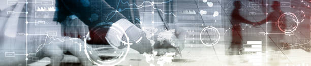 istock Business digital interface with graphs, charts, icons and timeline on blurred background. Website header banner. 1080808296