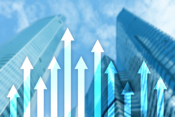 istock Up arrow graph on skyscraper background. Invesment and financial growth concept. 1080808472