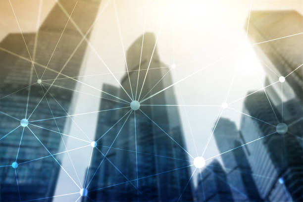 istock Blockchain network on blurred skyscrapers background. Financial technology and communication concept. 1080808654