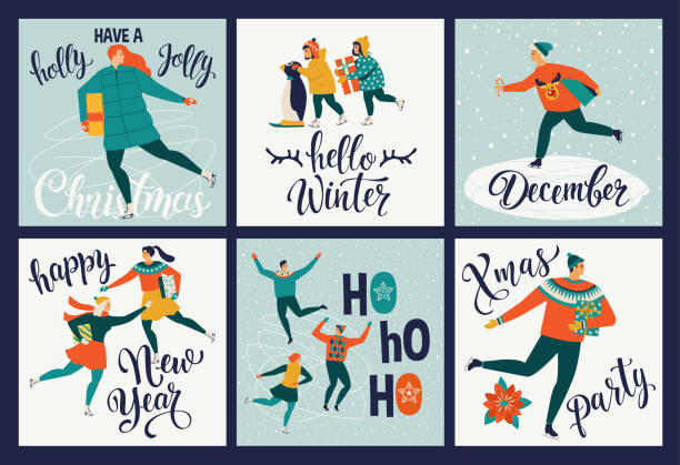 Collection of cute Merry Christmas and Happy New Year greeting cards. Set of hand drawn holiday posters templates, postcard design. Vector illustration. Collection of cute Merry Christmas and Happy New Year greeting cards. People skate on the rink holiday posters templates, postcard design. Vector illustration. new years baby stock illustrations