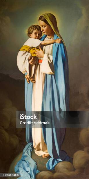 Reggio Emilia The Painting Of Madonna With The Child In Church Chiesa Dei Cappuchini By Padre Angelico Da Villarotta Stock Photo - Download Image Now