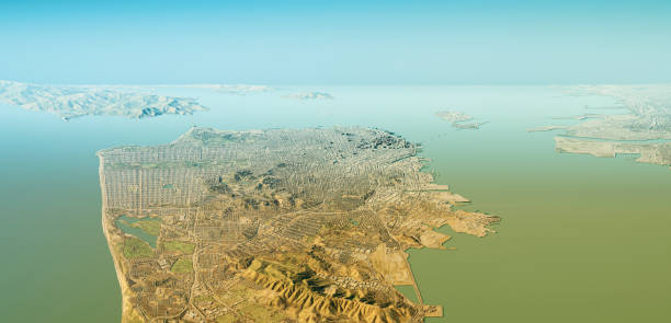 San Francisco 3D Render Topographic Map Horizon 3D Render of a Topographic Map of the Area around San Francisco, California.
All source data is in the public domain.
Color texture: U.S. Geological Survey, US Topo
https://viewer.nationalmap.gov/basic/?basemap=b1&category=ustopo&title=US%20Topo%20Download
Relief texture: SRTM data courtesy of USGS. URL of source image: 
https://e4ftl01.cr.usgs.gov//MODV6_Dal_D/SRTM/SRTMGL1.003/2000.02.11/
Water texture: 
USGS The National Map: National Hydrography Dataset (NHD):
https://nationalmap.gov/hydro.html treasure island map stock pictures, royalty-free photos & images