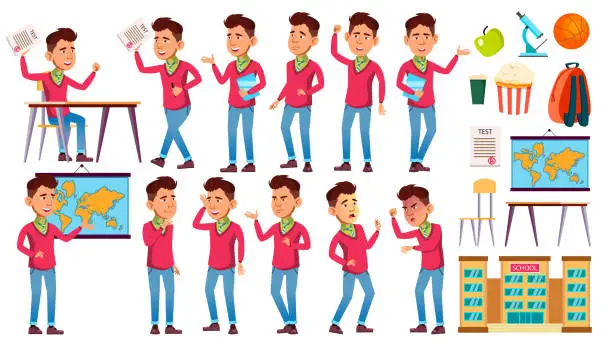 Vector illustration of Asian Boy Schoolboy Kid Poses Set Vector. High School Child. Children Study. Smile, Activity. For Web, Brochure, Poster Design. Isolated Cartoon Illustration