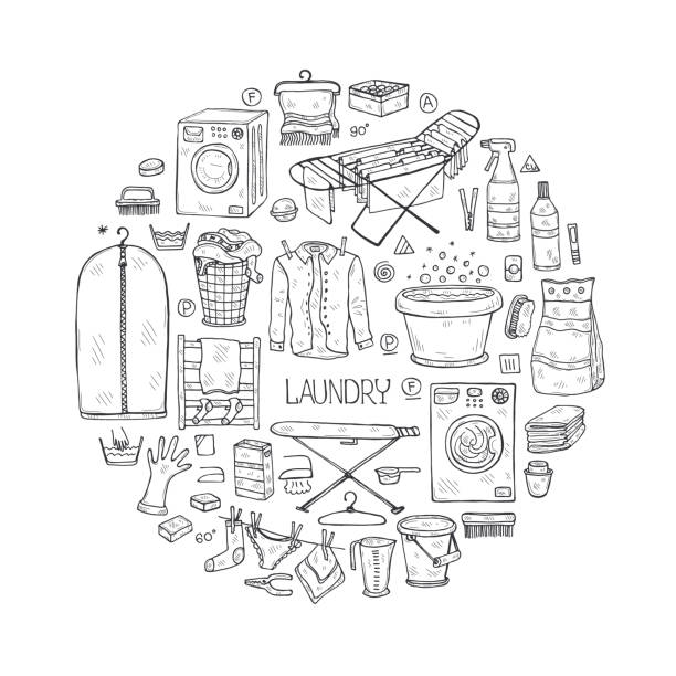 Illustration with laundry icons Composition with hand drawn laundry icons. Collection of sketched objects.  Home laundry service. Accessories for washing and drying clothes cleaning drawings stock illustrations