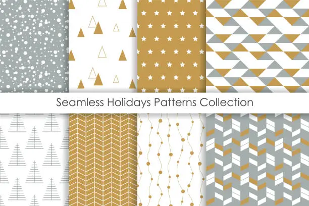 Vector illustration of Set of Christmas seamless patterns. Collection of simple geometric backgrounds with golden, white and gray colors. Vector illustration.