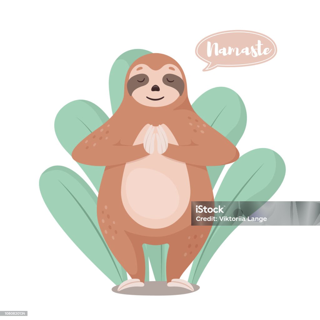 Cartoon cute sloth in greeting pose namaste. Vector  illustration. Animal stock vector