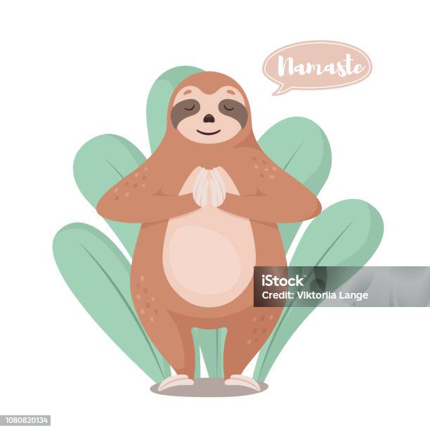 Cartoon Cute Sloth In Greeting Pose Namaste Vector Illustration Stock Illustration - Download Image Now