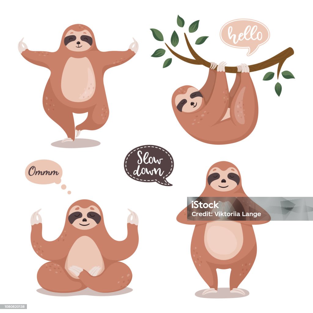 Set of cute sloths hanging on the tree and do yoga. Cartoon funny sloth collection. Vector clipart Yoga stock vector