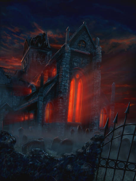 istock Fantasy Painting of Terrifying Mysterious Church and Graveyard 1080820334