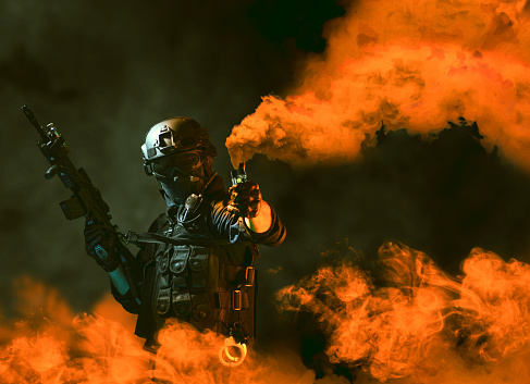 special forces soldier police, swat team member using smoke bomb