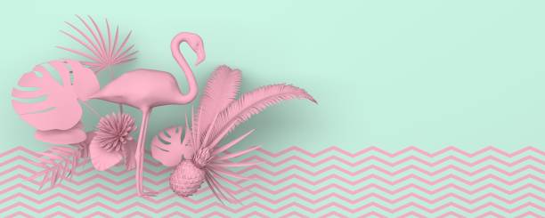 Flamingo surrounded by tropical exotic plants. Monochrome pink image on a turquoise background with a geometric zigzag pattern. Pastel colors.