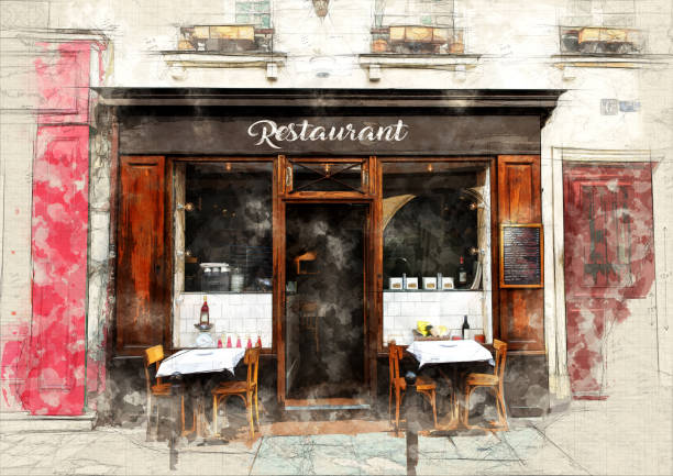 Restaurant sketch of a restaurant facade in a Parisian street french restaurant pictures stock pictures, royalty-free photos & images