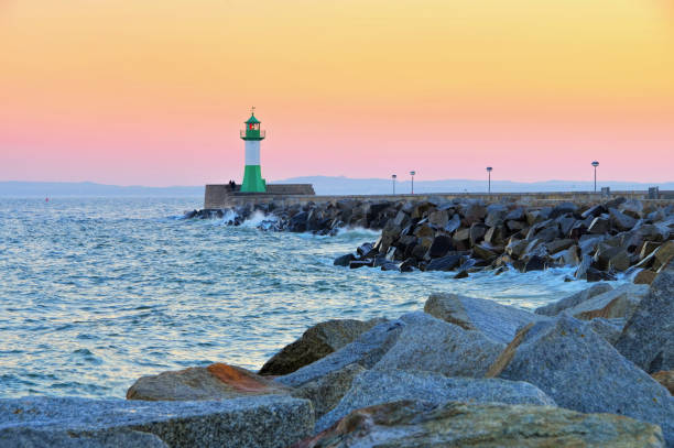 Sassnitz on island Ruegen, lighthouse in the evening