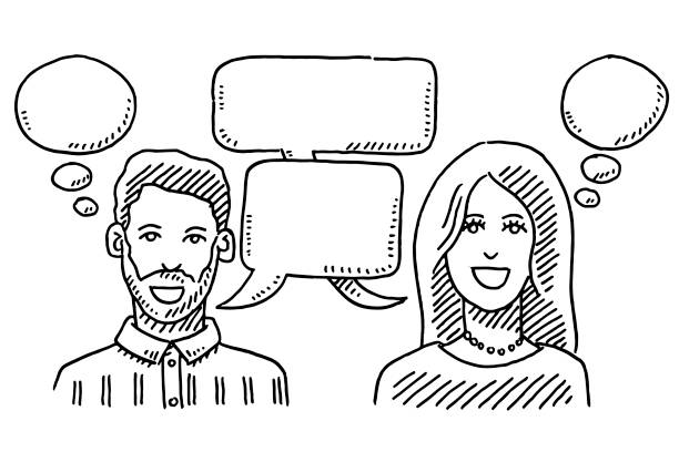 mężczyzna i kobieta komunikacja dymki pęcherzyki rysunek - thinking thought bubble thought cloud clip art stock illustrations
