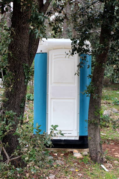istock Portable blue and white ecological toilet behind tall trees 1080857016
