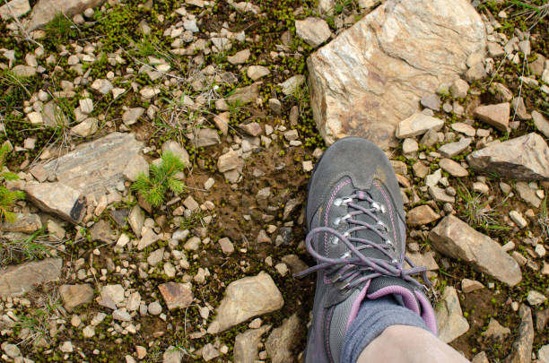 Close-up top view of man's feet. Man is wearing jeans and boots in winter.
