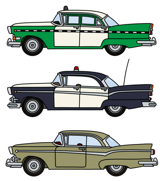 trzy amerykańskie samochody retro - cartoon city town car stock illustrations