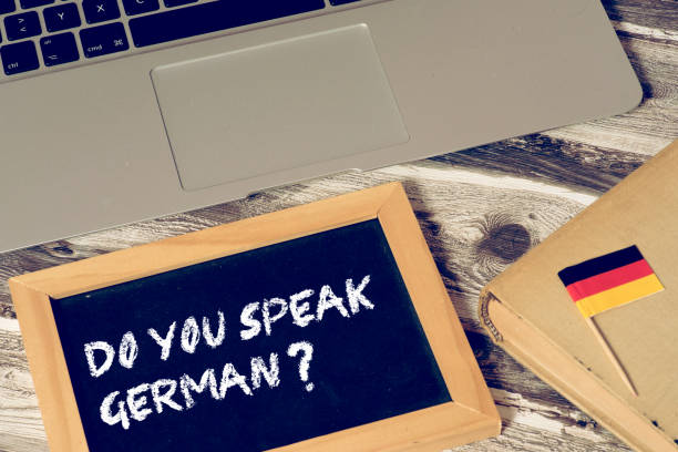 istock A computer, book, flag of Germany and question Speak German 1080870954