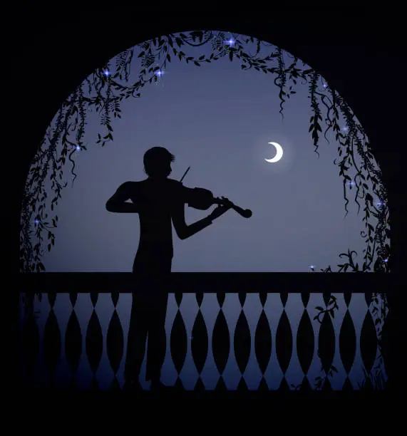 Vector illustration of violinist  in the arch of a balcony at romantic dark night, romantic melody character, silhouette, shadows, background
