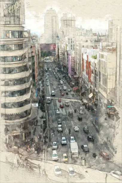 Sketch of an aerial view of Gran Via avenue in Madrid