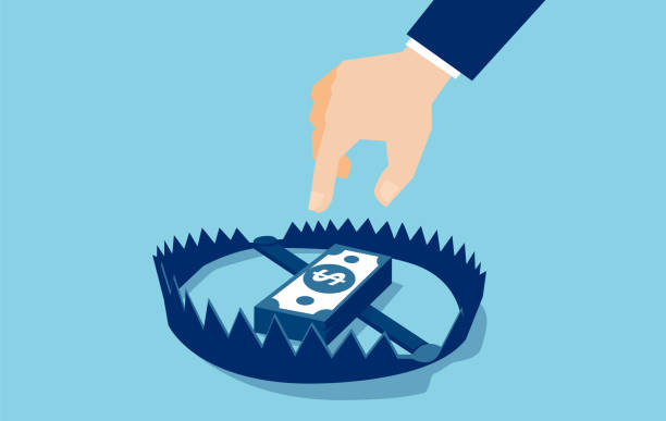 Vector of a businessman hand trying to reach money trap with dollar banknotes Vector of a businessman hand trying to reach money trap with dollar banknotes trap stock illustrations