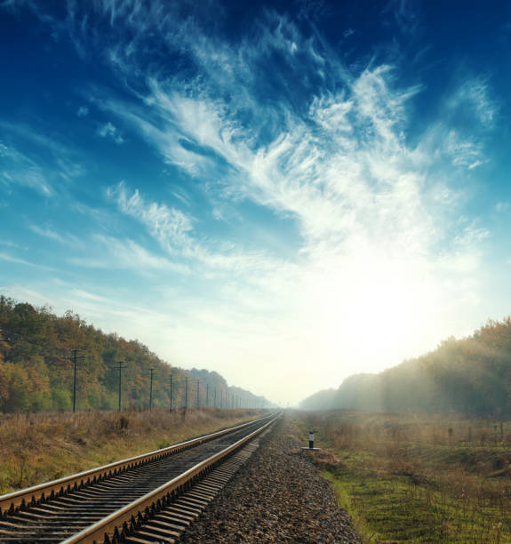 istock sunset in blue sky with clouds over railway to horizon 1080880094