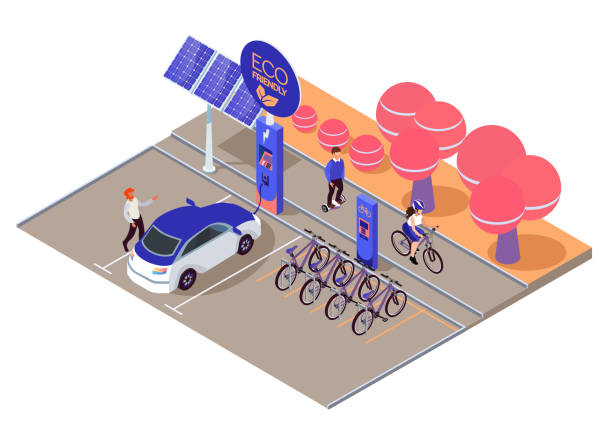 illustrations, cliparts, dessins animés et icônes de écologie urbaine transport concept isométrique avec quelques vélos disponibles à louer au poste de caissier machine à illustration vectorielle de paiement. voiture eco recharge, panneaux solaires dans le parc - location vélo