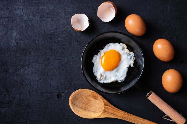 istock Fried eggs in a frying pan and egg shell  for breakfast 1080883806