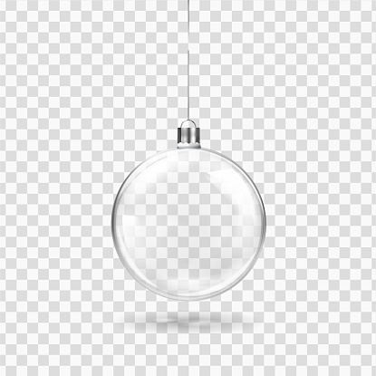 Glass transparent Christmas ball hanging on the ribbon. Realistic Xmas glass bauble on transparent background. Holiday decoration template. Vector illustration