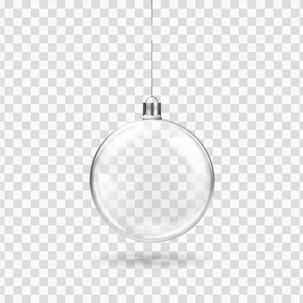 Glass transparent Christmas ball hanging on the ribbon. Realistic Xmas glass bauble on transparent background. Holiday decoration template. Vector illustration Glass transparent Christmas ball hanging on the ribbon. Realistic Xmas glass bauble on transparent background. Holiday decoration template. Vector illustration christmas ornament stock illustrations