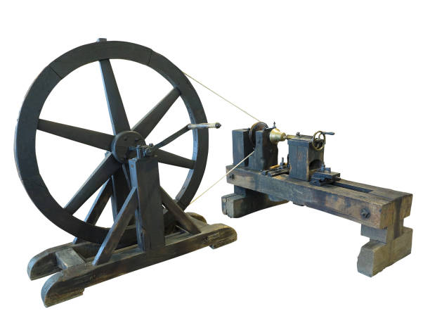 istock Vintage old turning lathe machine isolated over white background 1080909764