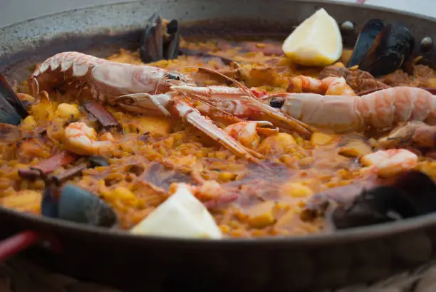 Photo of Close-up of the Paella with seadfood