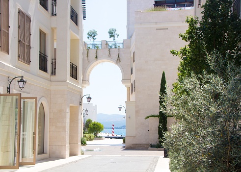 Beautiful streets of Tivat. Porto Montenegro, luxury shopping village for yachtsmen.