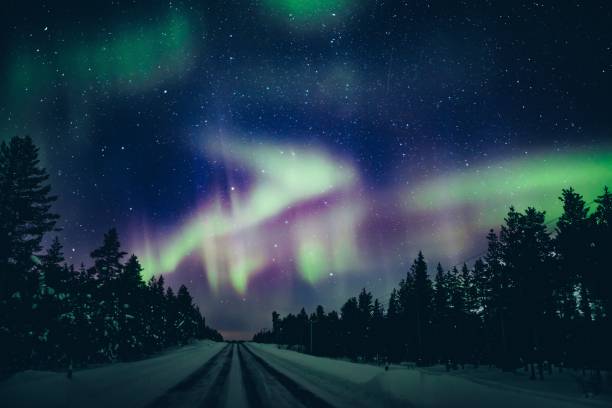 activité d’aurores boréales coloré polaire arctique northern lights en finlande de l’hiver - aurora borealis aurora polaris lapland finland photos et images de collection