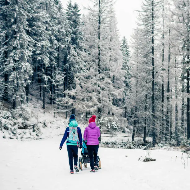 Two women with baby stroller enjoying motherhood in winter forest, mountains landscape. Mother hiking with a partner and a child in white snowy woods. Beautiful winter inspirational mountains.