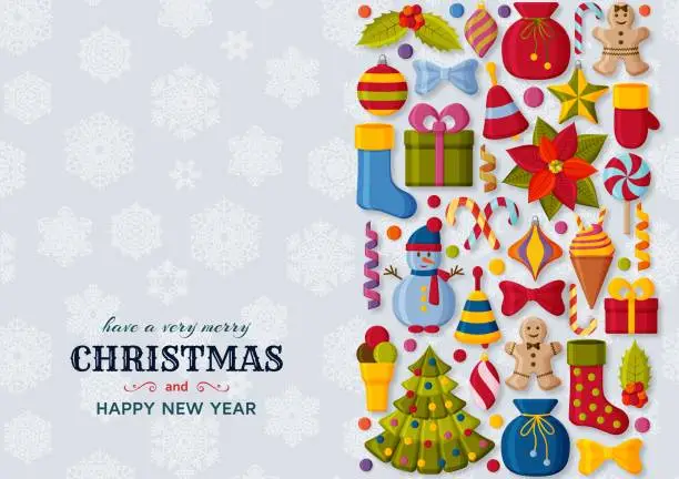 Vector illustration of Christmas background with 3d paper cut signs. Cute kids toys and accessories. Snowfall at the back. New Year greeting card or banner concept.  Vector illustration.